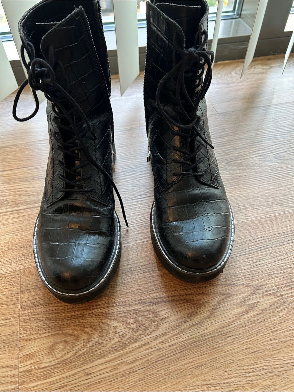 Black Croc-Embossed Lace-Up Women's Boots